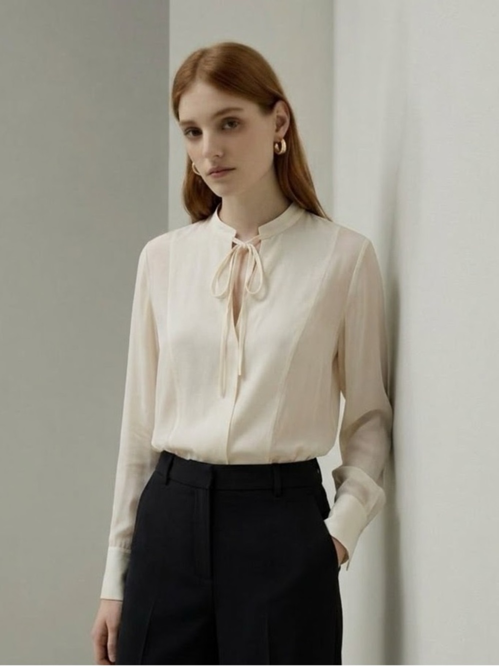 Vince Cream Tie-Neck Long-Sleeve Blouse Size S